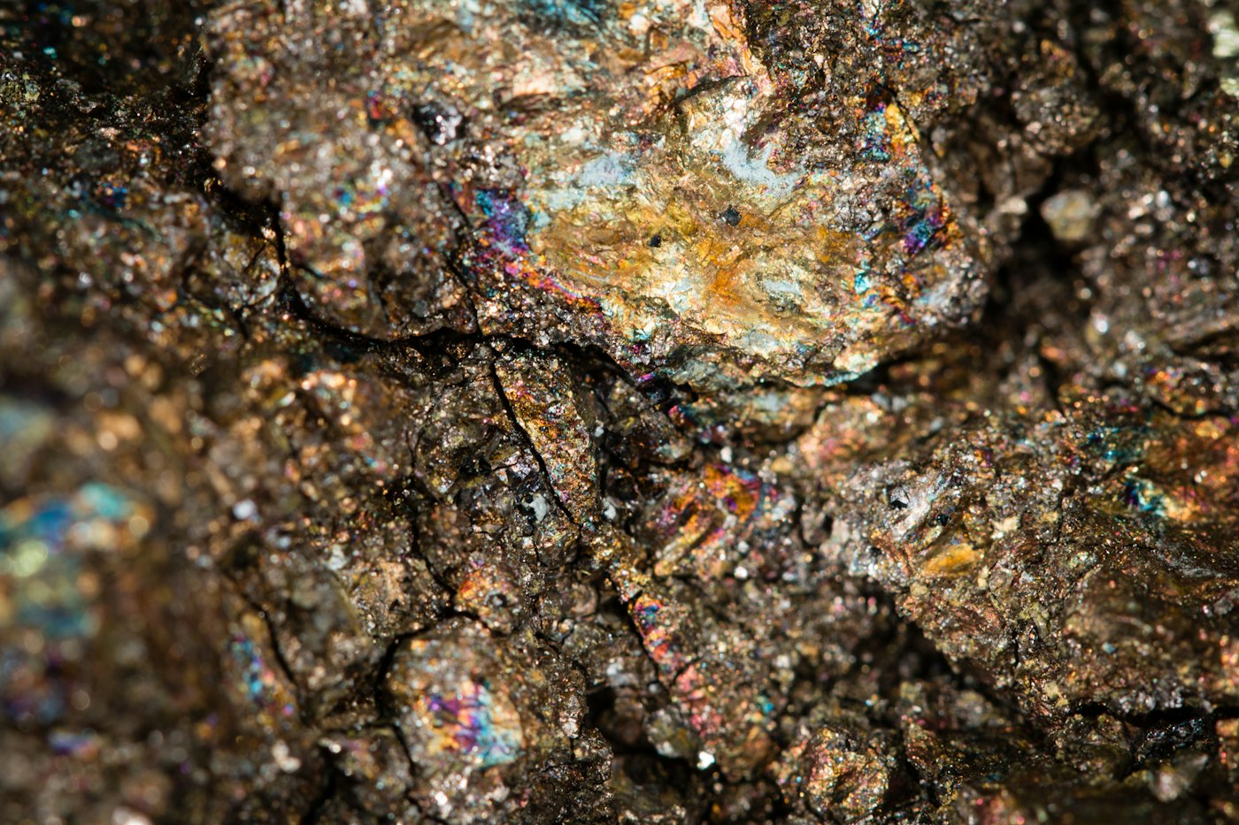 Close-up of iridescent mineral ore